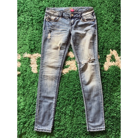 Almost Famous Denim - Almost Famous Junior Girls Distressed Blue Denim Jeans Rhinestone Pockets Size 5